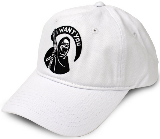 NEW Creepy Co. GRIM REAPER Scythe I Want You Dark Humor Dad Hat Cap Wh