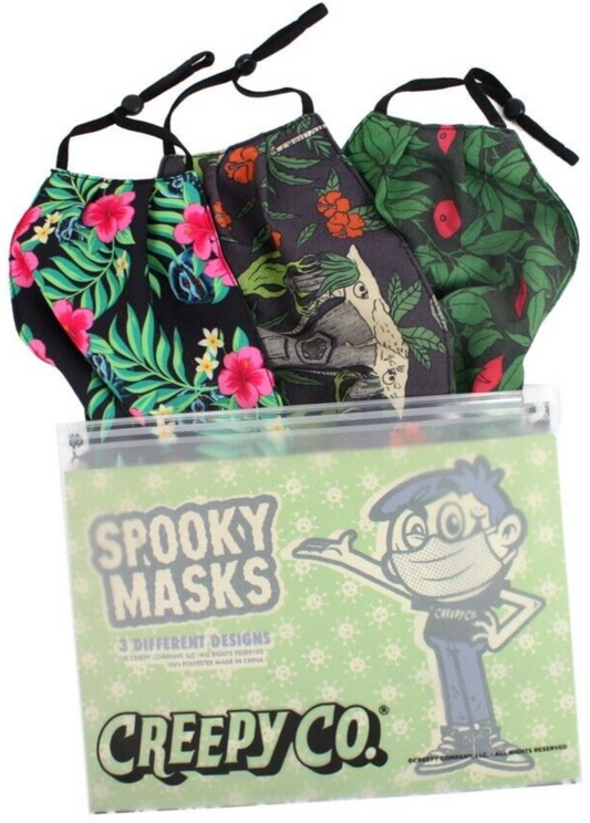 NEW Creepy Co. TIKI MASK PACK of 3 Fabric Masks & Storage Bag Ear Loop Spooky