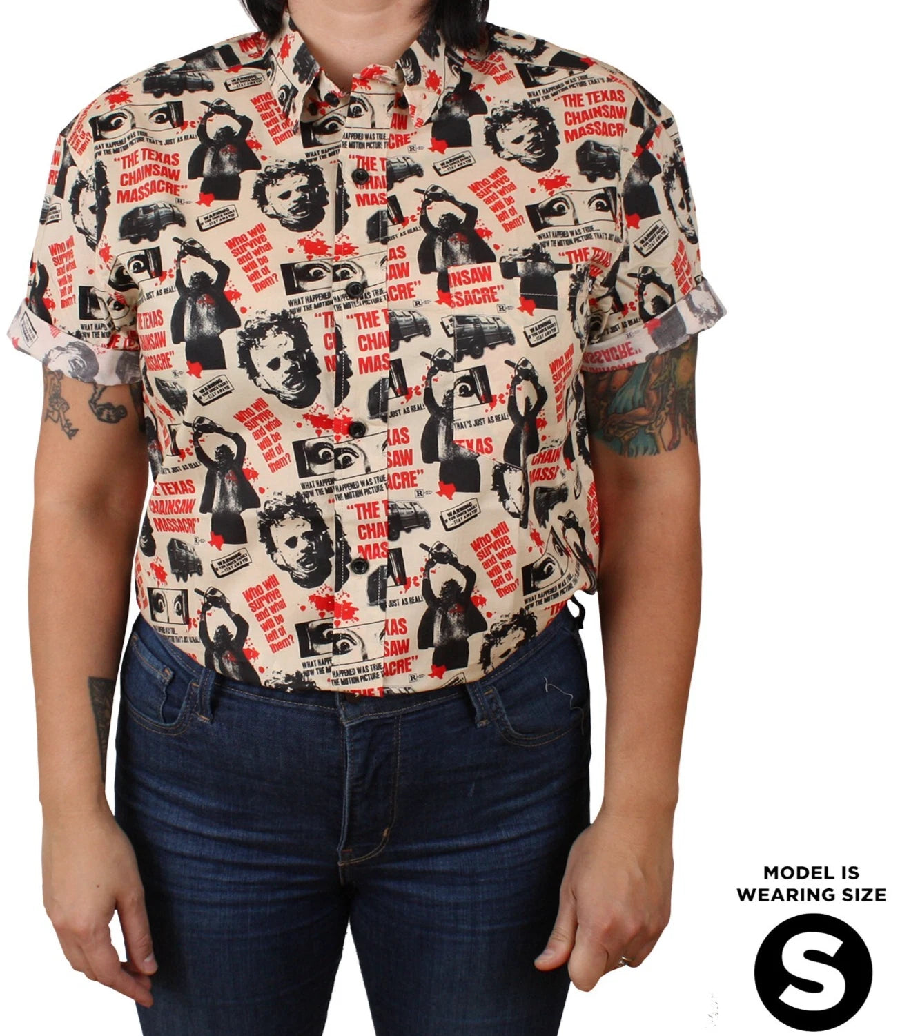 NEW Creepy Co. TEXAS CHAINSAW MASSACRE One Sheet BUTTON-UP DRESS SHIRT