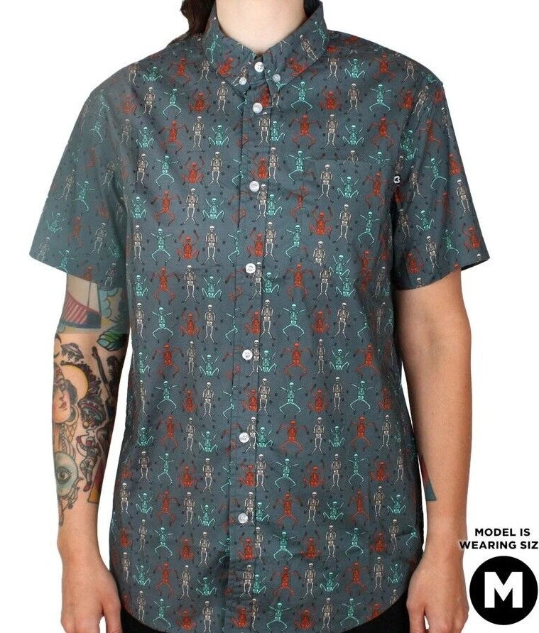 NEW Creepy Co. Beistle DANCING SKELETONS BUTTON-UP DRESS SHIRT XS or S Size Only