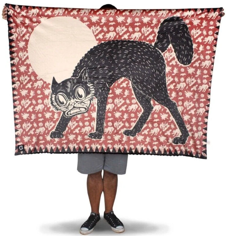 NEW Creepy Co. Beistle Art Black FUNKY CAT Blanket 44x60" Horror Halloween Spooky