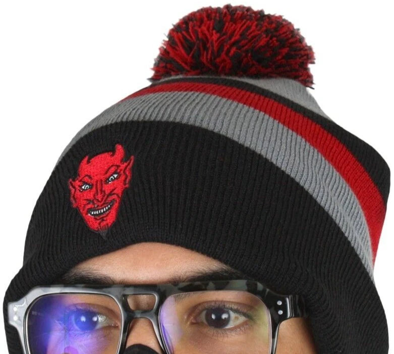NEW Creepy Co. Beistle DEVIL PATCH POM BEANIE Hat Halloween Spooky