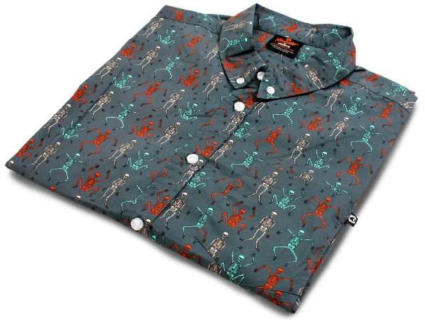NEW Creepy Co. Beistle DANCING SKELETONS BUTTON-UP DRESS SHIRT XS or S Size Only