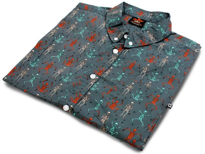 NEW Creepy Co. Beistle DANCING SKELETONS BUTTON-UP DRESS SHIRT XS or S Size Only
