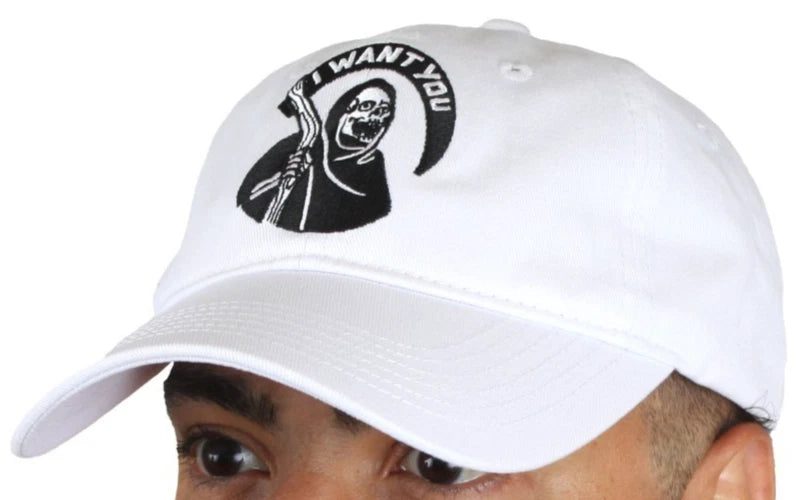 NEW Creepy Co. GRIM REAPER Scythe I Want You Dark Humor Dad Hat Cap Wh
