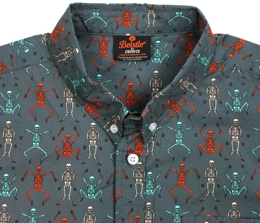 NEW Creepy Co. Beistle DANCING SKELETONS BUTTON-UP DRESS SHIRT XS or S Size Only