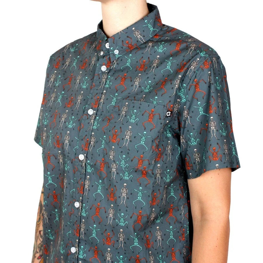NEW Creepy Co. Beistle DANCING SKELETONS BUTTON-UP DRESS SHIRT XS or S Size Only
