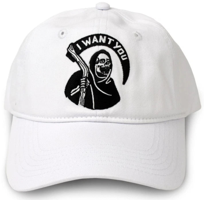 NEW Creepy Co. GRIM REAPER Scythe I Want You Dark Humor Dad Hat Cap Wh
