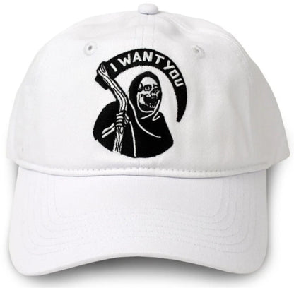 NEW Creepy Co. GRIM REAPER Scythe I Want You Dark Humor Dad Hat Cap Wh